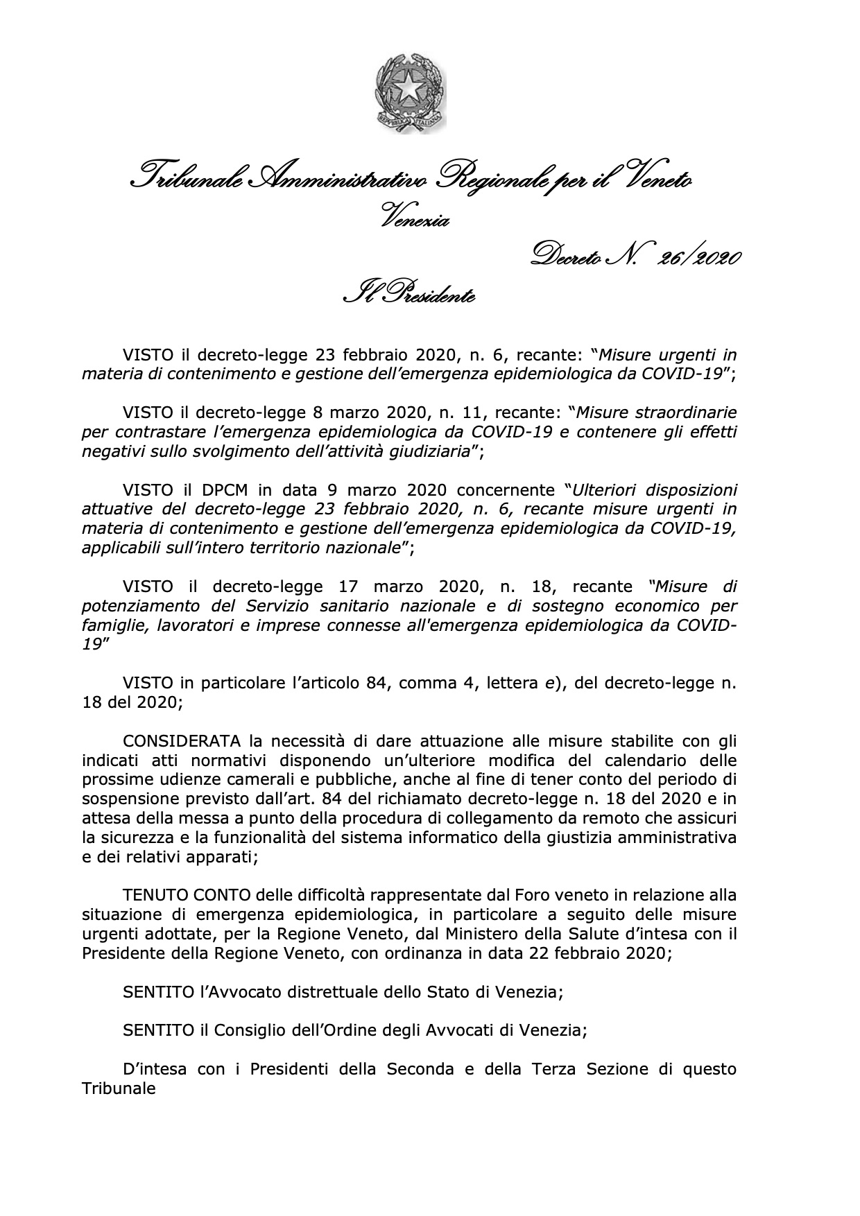 Dec. n. 26-2020 Presidente TAR Veneto - Ulteriori misure urgenti per COVID-19-21 marzo 2020